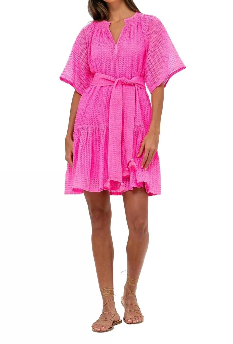 OLIPHANT Tuckernuck Delray Raglan Belted Mini Dress Pink Woven Drop Waist S